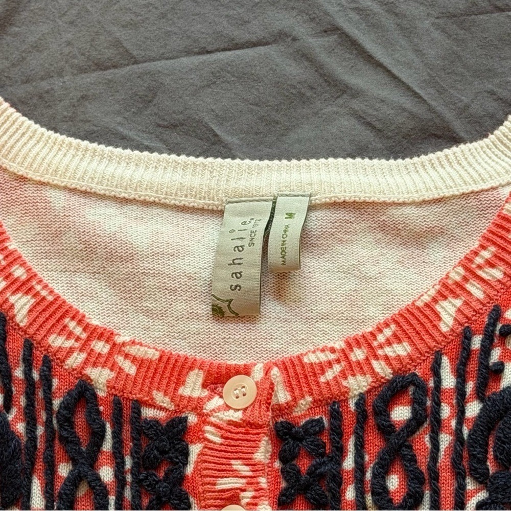 Sahalie Anthropologie Cardigan Womens M Embroidered Button Front Cotton Boho - Picture 4 of 8